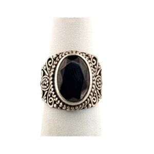 Vintage Estate Sterling Silver 925 Black Onyx Ring Size 5 Ornate Design 7.2g